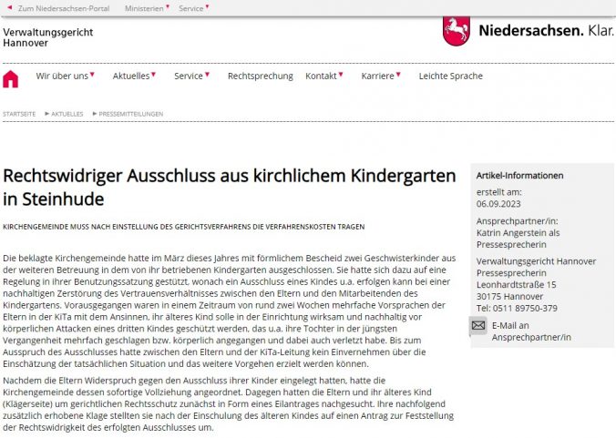 Screenshot Pressemitteilung VG Hannover 06.09.2023